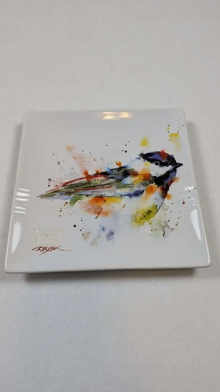 Dean Crouser Chickadee Bird Ceramic Square Plate Tray Watercolor